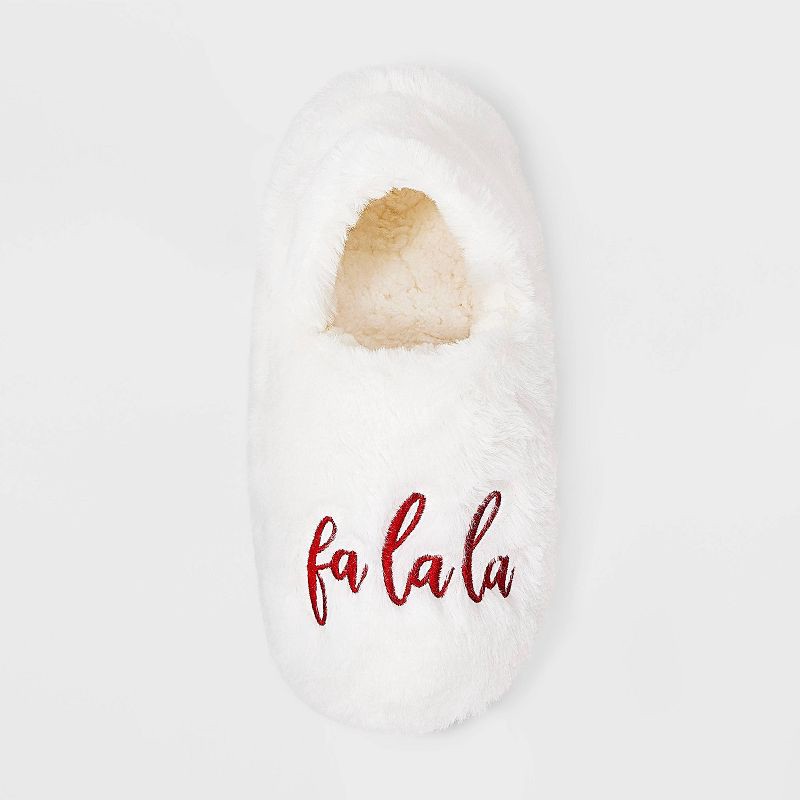slide 3 of 5, Adult Embroidered 'Fa La La' Faux Fur Christmas Slipper Socks with Grippers - Wondershop™ Ivory M/L, 1 ct