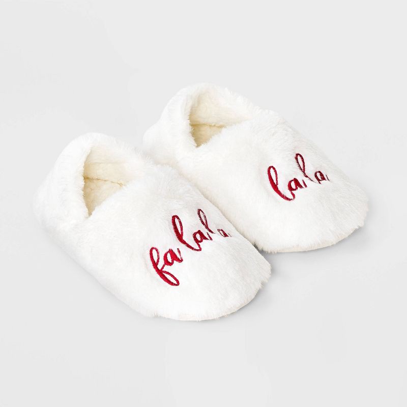 slide 1 of 5, Adult Embroidered 'Fa La La' Faux Fur Christmas Slipper Socks with Grippers - Wondershop™ Ivory L/XL, 1 ct