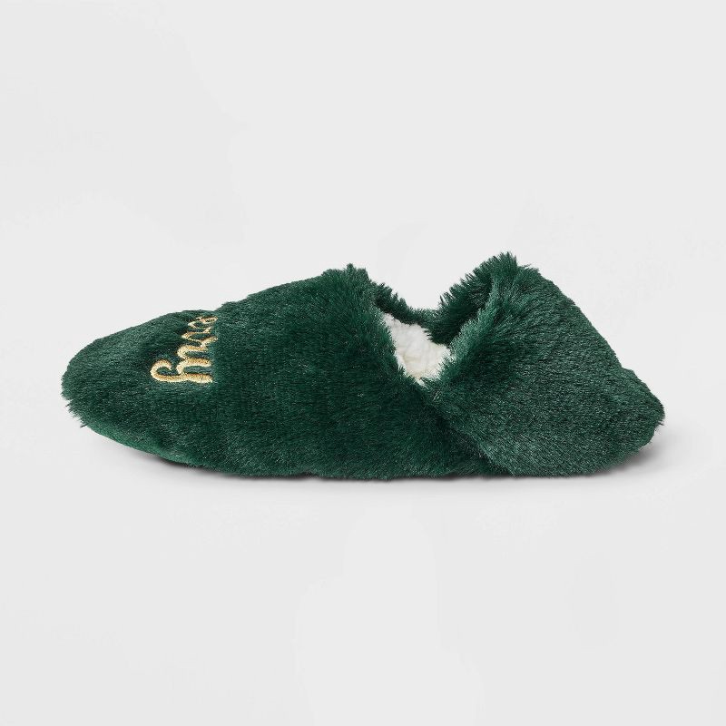 slide 2 of 5, Adult Embroidered 'Merry' Faux Fur Christmas Slipper Socks with Grippers - Wondershop™ Green S/M, 1 ct