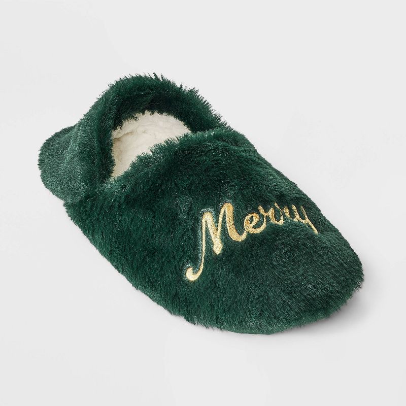 slide 1 of 5, Adult Embroidered 'Merry' Faux Fur Christmas Slipper Socks with Grippers - Wondershop™ Green S/M, 1 ct