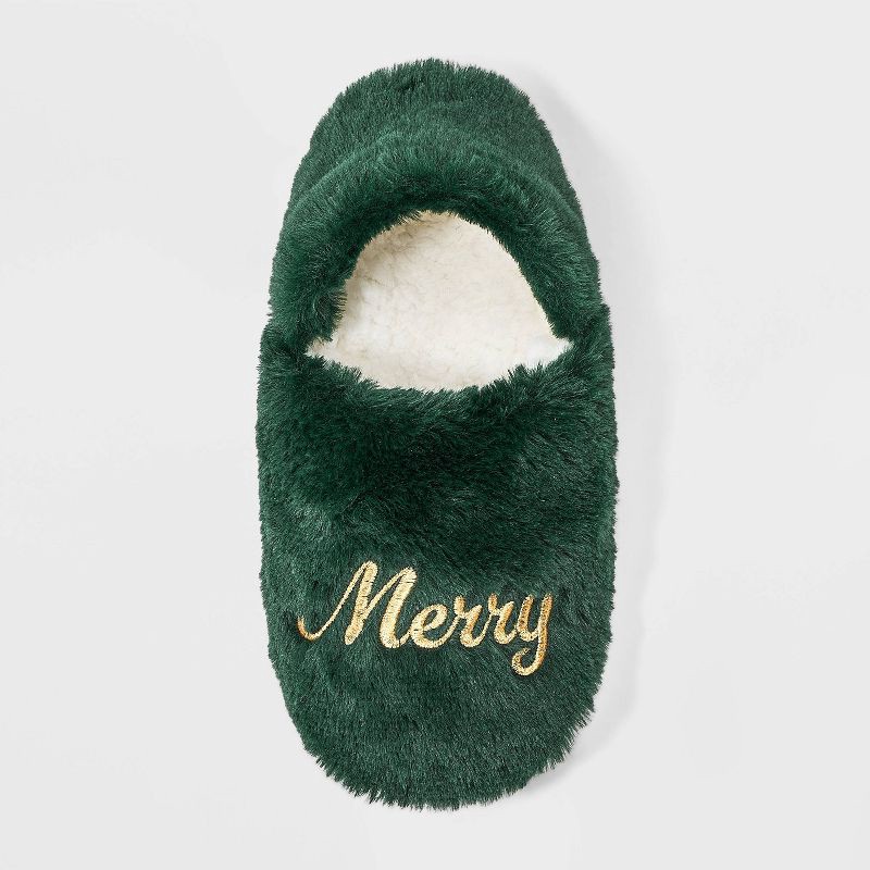 slide 3 of 5, Adult Embroidered 'Merry' Faux Fur Christmas Slipper Socks with Grippers - Wondershop™ Green S/M, 1 ct