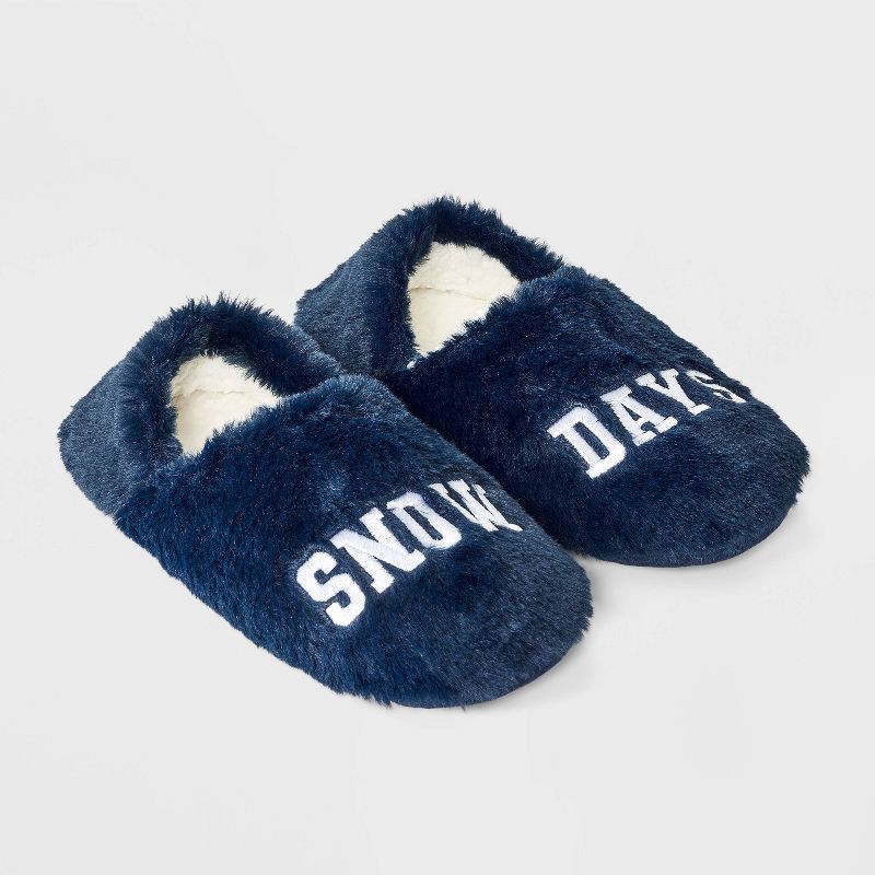 slide 1 of 5, Adult Embroidered 'snow Days' Faux Fur Christmas Slipper Socks with Grippers - Wondershop™ Navy M/L, 1 ct