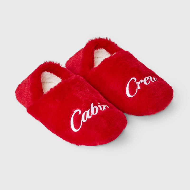 slide 1 of 5, Adult Embroidered 'Cabin Crew' Faux Fur Christmas Slipper Socks with Grippers - Wondershop™ Red M/L, 1 ct