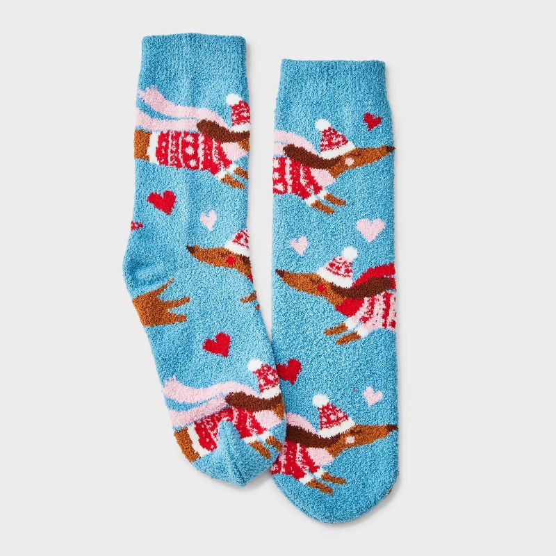 slide 2 of 3, Women's Winter Dachshunds Christmas Cozy Crew Socks with Gift Card Holder - Wondershop™ Blue/Pink 4-10, 1 ct