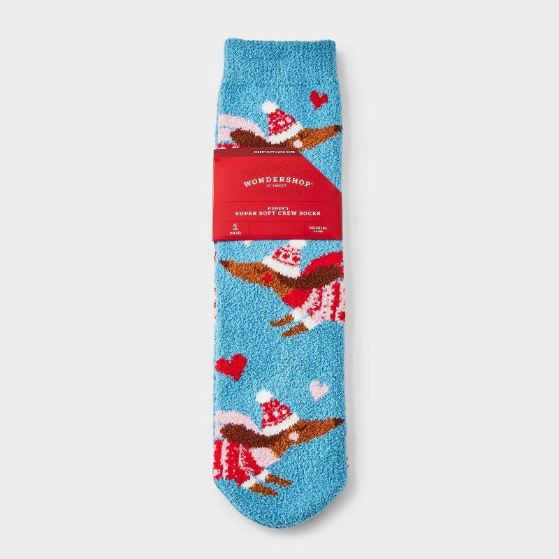 slide 1 of 3, Women's Winter Dachshunds Christmas Cozy Crew Socks with Gift Card Holder - Wondershop™ Blue/Pink 4-10, 1 ct