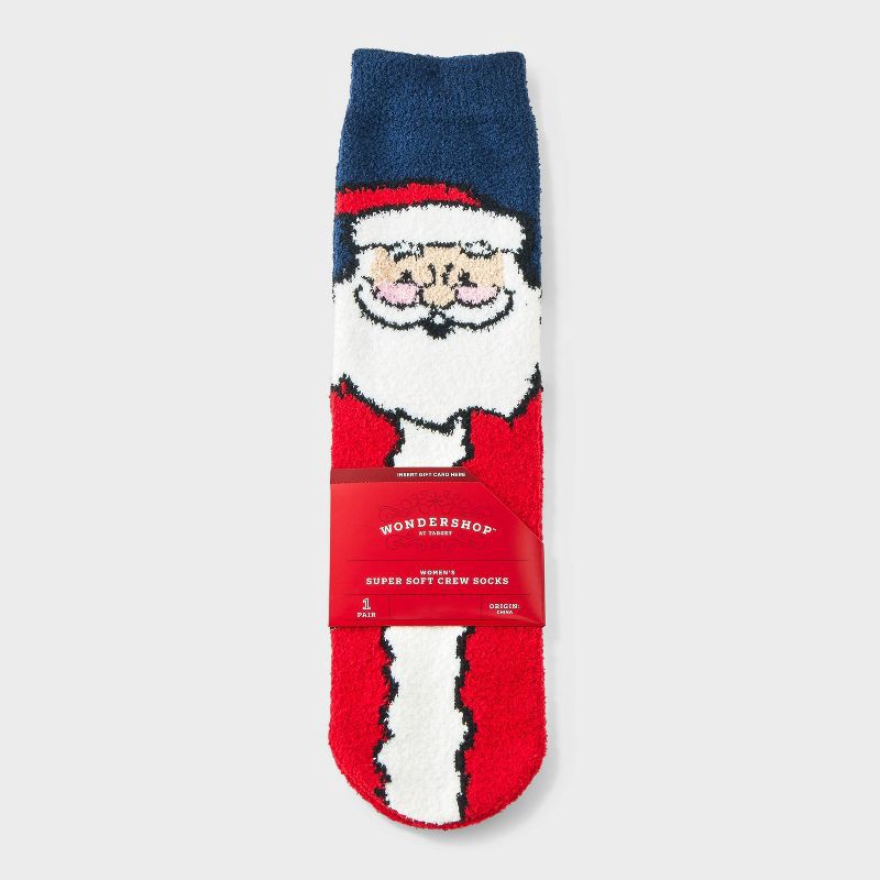 slide 1 of 3, Women's Santa Christmas Cozy Crew Socks with Gift Card Holder - Wondershop™ Navy/Red/White 4-10, 1 ct