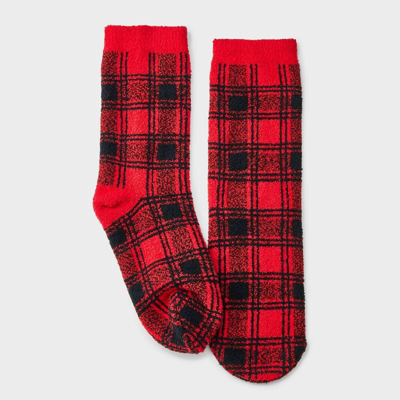 slide 2 of 3, Women's Buffalo Plaid Christmas Cozy Crew Socks with Gift Card Holder - Wondershop™ Red/Black 4-10, 1 ct
