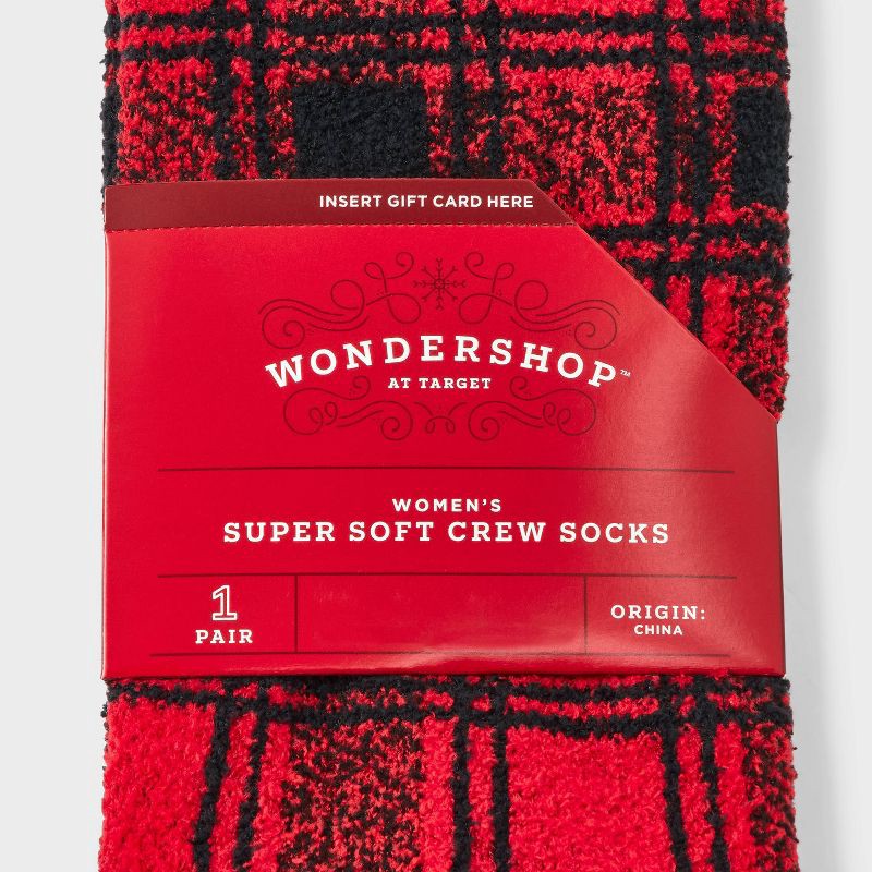 slide 3 of 3, Women's Buffalo Plaid Christmas Cozy Crew Socks with Gift Card Holder - Wondershop™ Red/Black 4-10, 1 ct