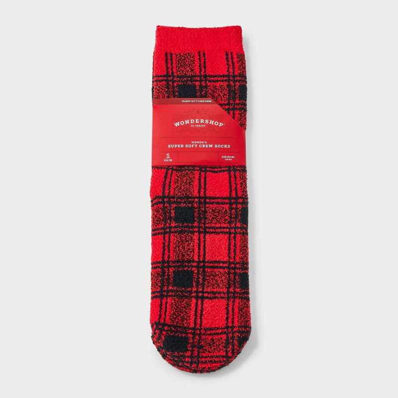 slide 1 of 3, Women's Buffalo Plaid Christmas Cozy Crew Socks with Gift Card Holder - Wondershop™ Red/Black 4-10, 1 ct