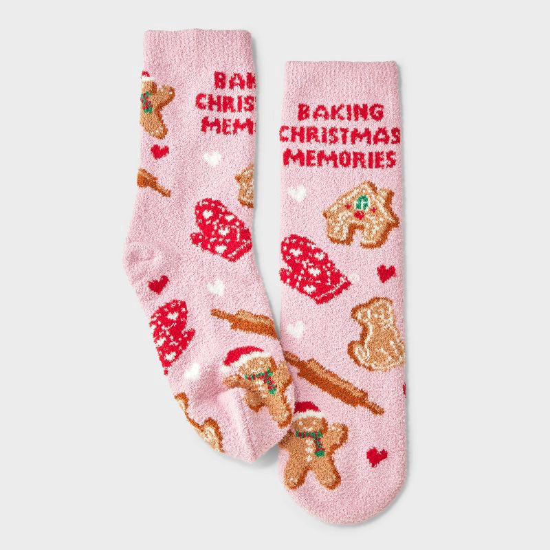 slide 2 of 3, Women's 'Baking Christmas Memories' Cozy Crew Socks with Gift Card Holder - Wondershop™ Pink/Tan 4-10, 1 ct