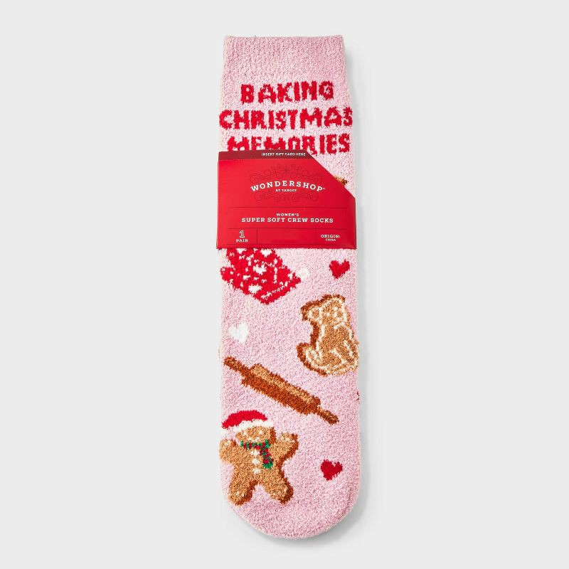 slide 1 of 3, Women's 'Baking Christmas Memories' Cozy Crew Socks with Gift Card Holder - Wondershop™ Pink/Tan 4-10, 1 ct