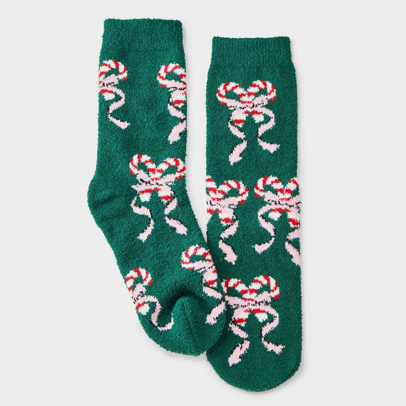 slide 2 of 3, Women's Candy Cane Bows Christmas Cozy Crew Socks with Gift Card Holder - Wondershop™ Green/White/Red 4-10, 1 ct