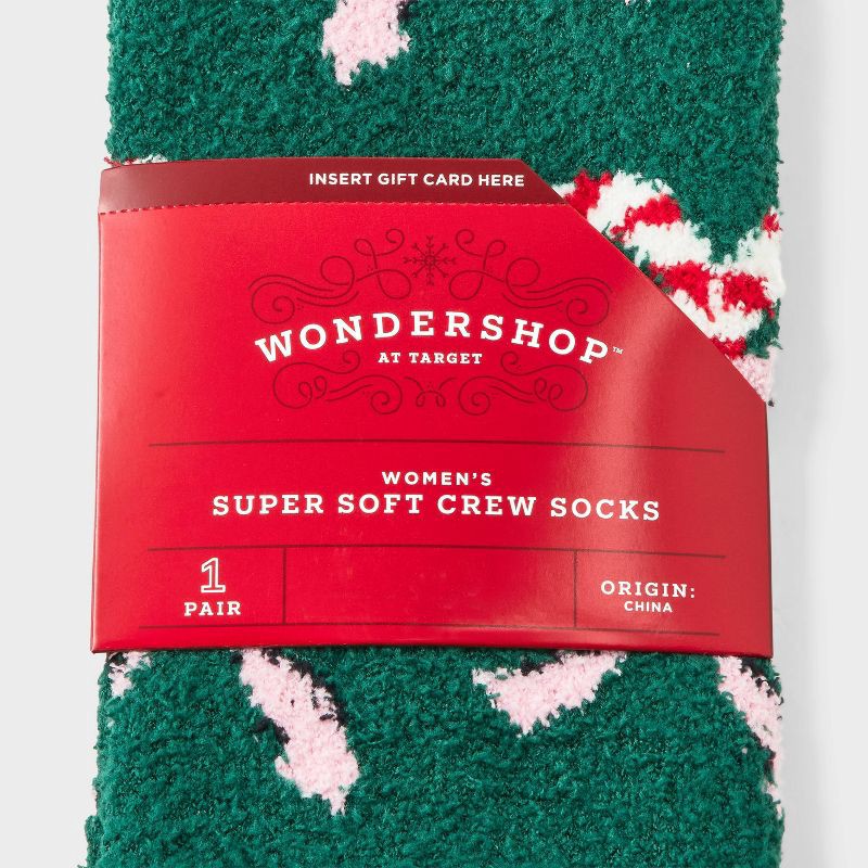 slide 3 of 3, Women's Candy Cane Bows Christmas Cozy Crew Socks with Gift Card Holder - Wondershop™ Green/White/Red 4-10, 1 ct