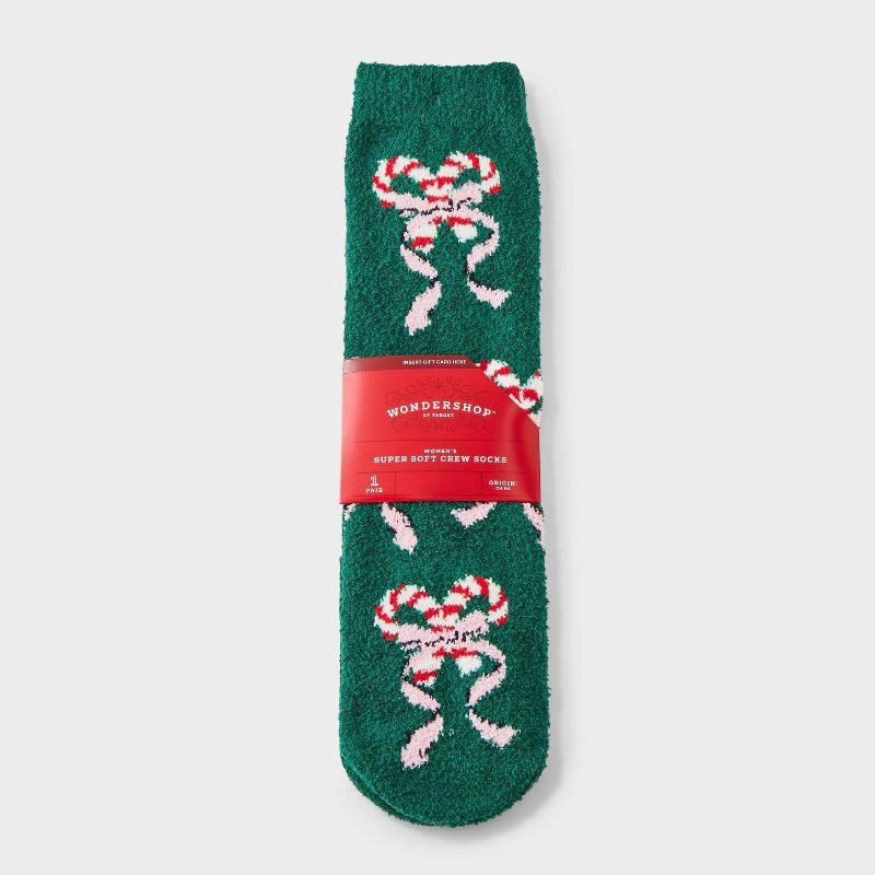 slide 1 of 3, Women's Candy Cane Bows Christmas Cozy Crew Socks with Gift Card Holder - Wondershop™ Green/White/Red 4-10, 1 ct