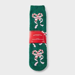 Women's Candy Cane Bows Christmas Cozy Crew Socks with Gift Card Holder - Wondershop™ Green/White/Red 4-10