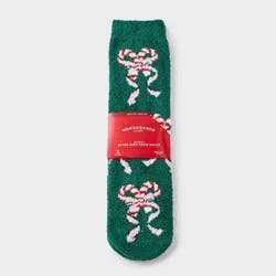 Women's Candy Cane Bows Christmas Cozy Crew Socks with Gift Card Holder - Wondershop™ Green/White/Red 4-10