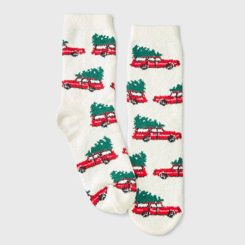 slide 2 of 3, Women's Christmas Tree Shopping Cozy Crew Socks with Gift Card Holder - Wondershop™ Ivory/Red/Green 4-10, 1 ct