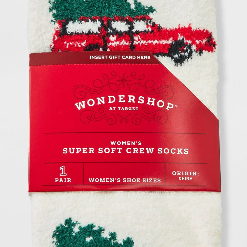 slide 3 of 3, Women's Christmas Tree Shopping Cozy Crew Socks with Gift Card Holder - Wondershop™ Ivory/Red/Green 4-10, 1 ct