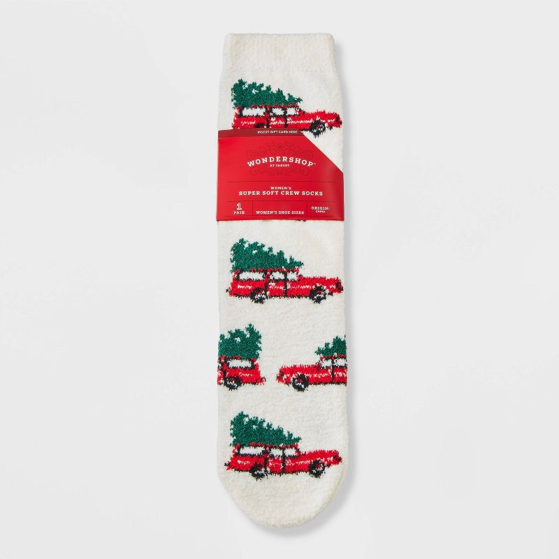 slide 1 of 3, Women's Christmas Tree Shopping Cozy Crew Socks with Gift Card Holder - Wondershop™ Ivory/Red/Green 4-10, 1 ct