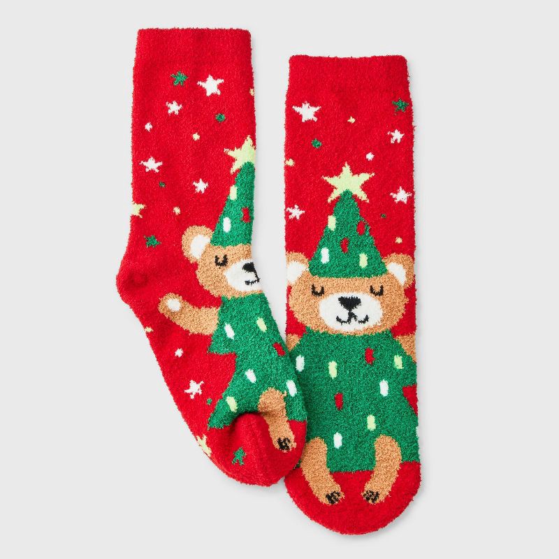 slide 2 of 3, Women's Christmas Tree Bear Cozy Crew Socks with Gift Card Holder - Wondershop™ Red/Green/Tan 4-10, 1 ct
