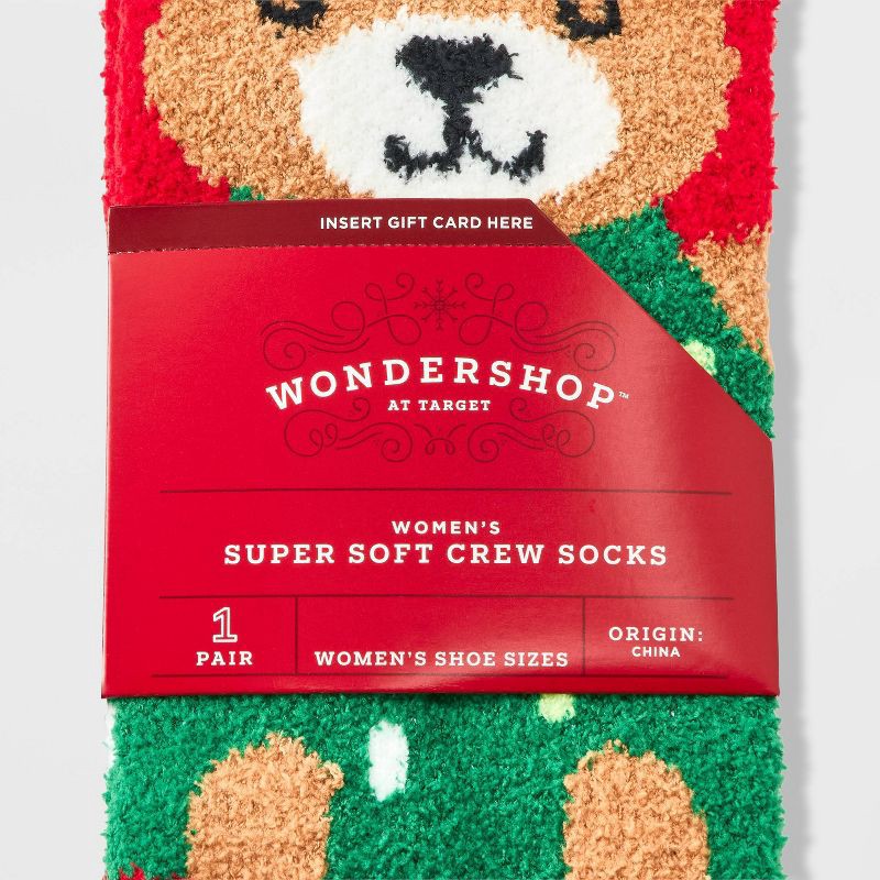 slide 3 of 3, Women's Christmas Tree Bear Cozy Crew Socks with Gift Card Holder - Wondershop™ Red/Green/Tan 4-10, 1 ct