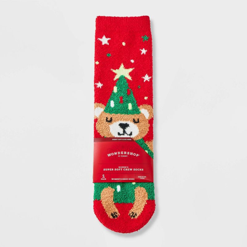 slide 1 of 3, Women's Christmas Tree Bear Cozy Crew Socks with Gift Card Holder - Wondershop™ Red/Green/Tan 4-10, 1 ct