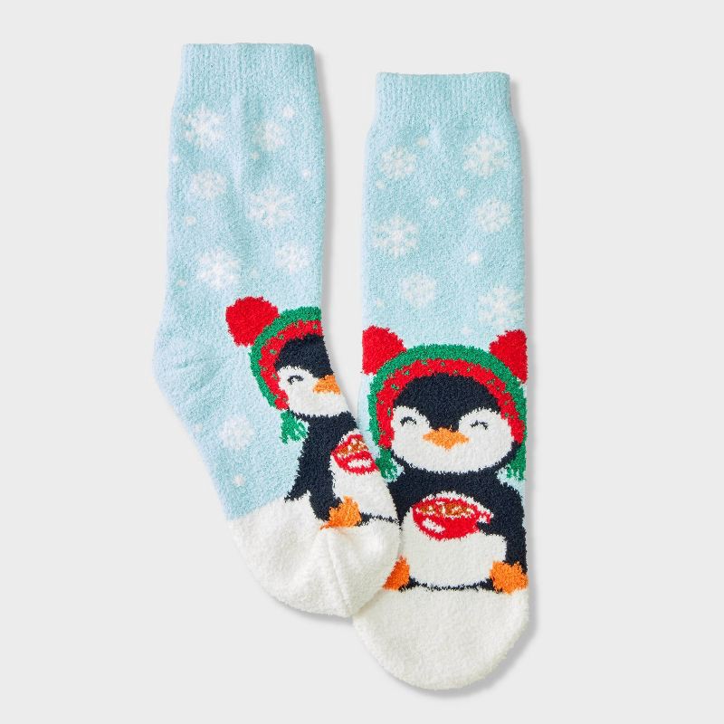 slide 2 of 3, Women's Winter Penguin Christmas Cozy Crew Socks with Gift Card Holder - Wondershop™ Light Blue 4-10, 1 ct