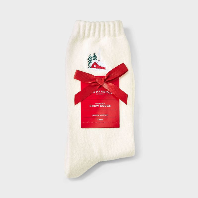 slide 2 of 3, Women's Embroidered Winter Cabin Super Soft Crew Socks - Wondershop™ Ivory 4-10, 1 ct