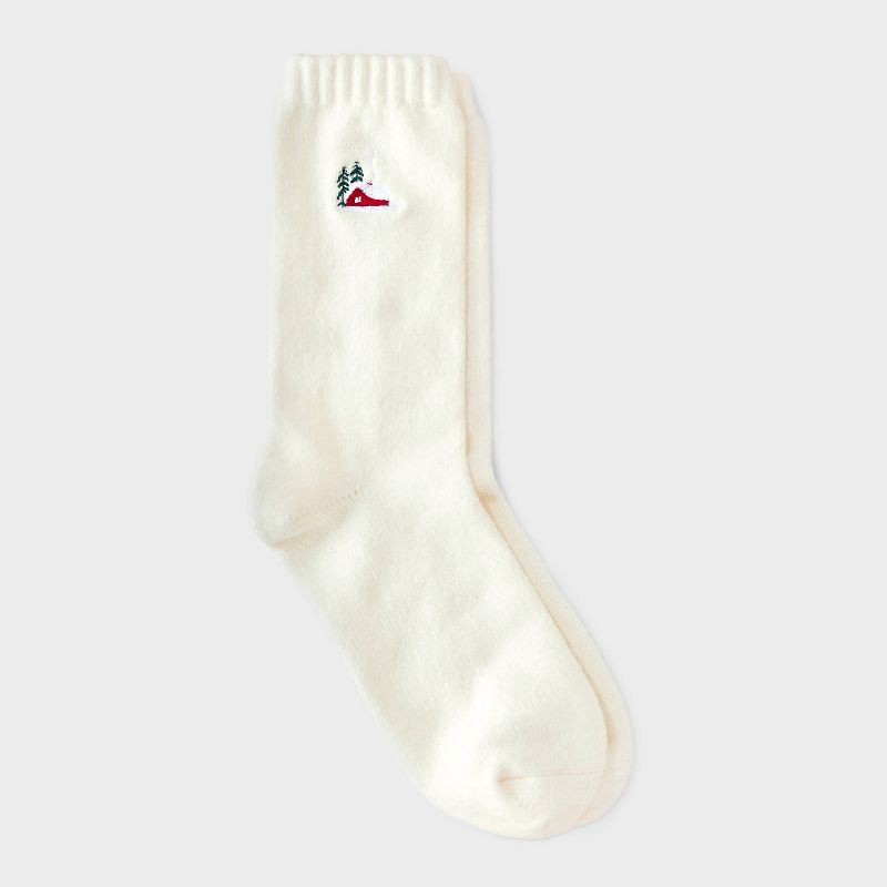 slide 1 of 3, Women's Embroidered Winter Cabin Super Soft Crew Socks - Wondershop™ Ivory 4-10, 1 ct