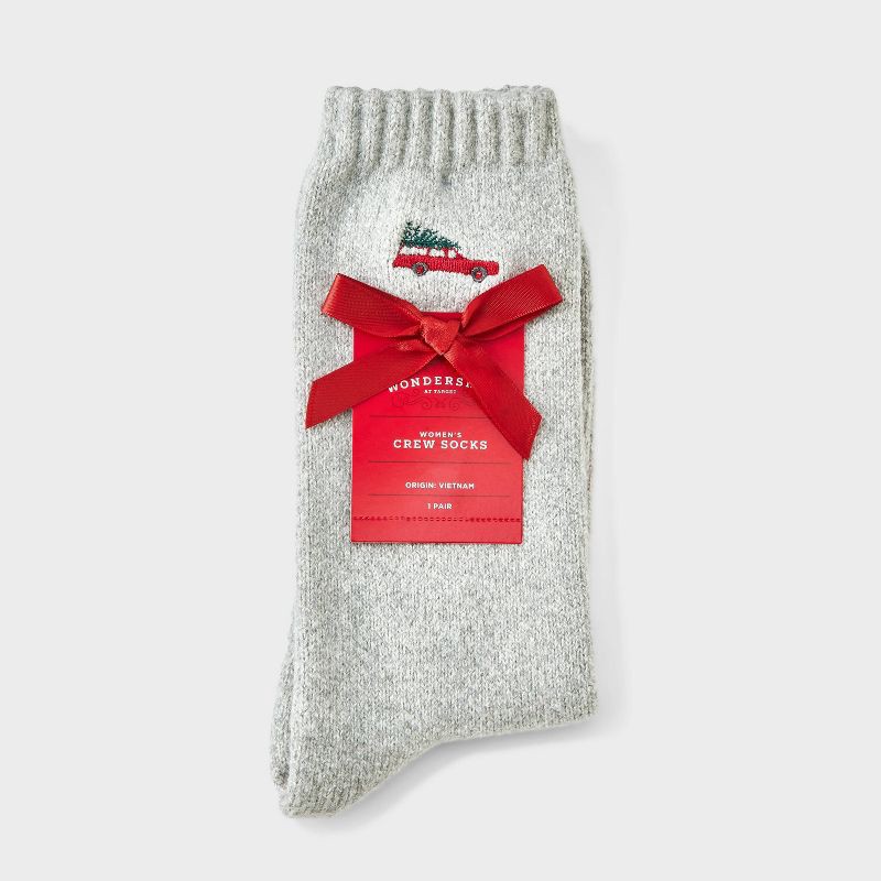 slide 2 of 3, Women's Embroidered Christmas Tree Shopping Super Soft Crew Socks - Wondershop™ Light Heather Gray 4-10, 1 ct