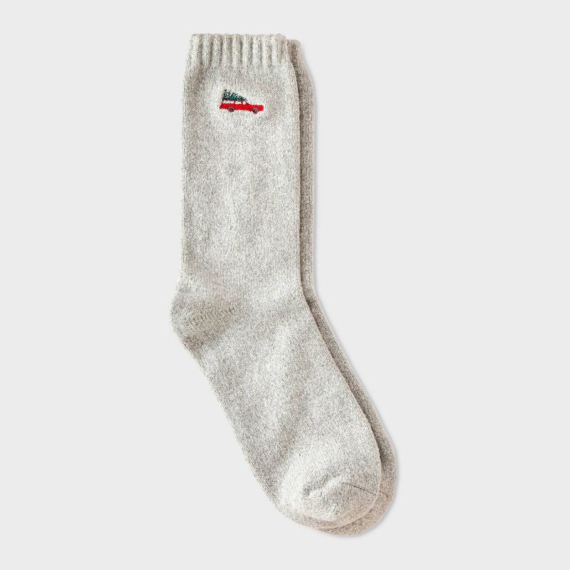 slide 1 of 3, Women's Embroidered Christmas Tree Shopping Super Soft Crew Socks - Wondershop™ Light Heather Gray 4-10, 1 ct