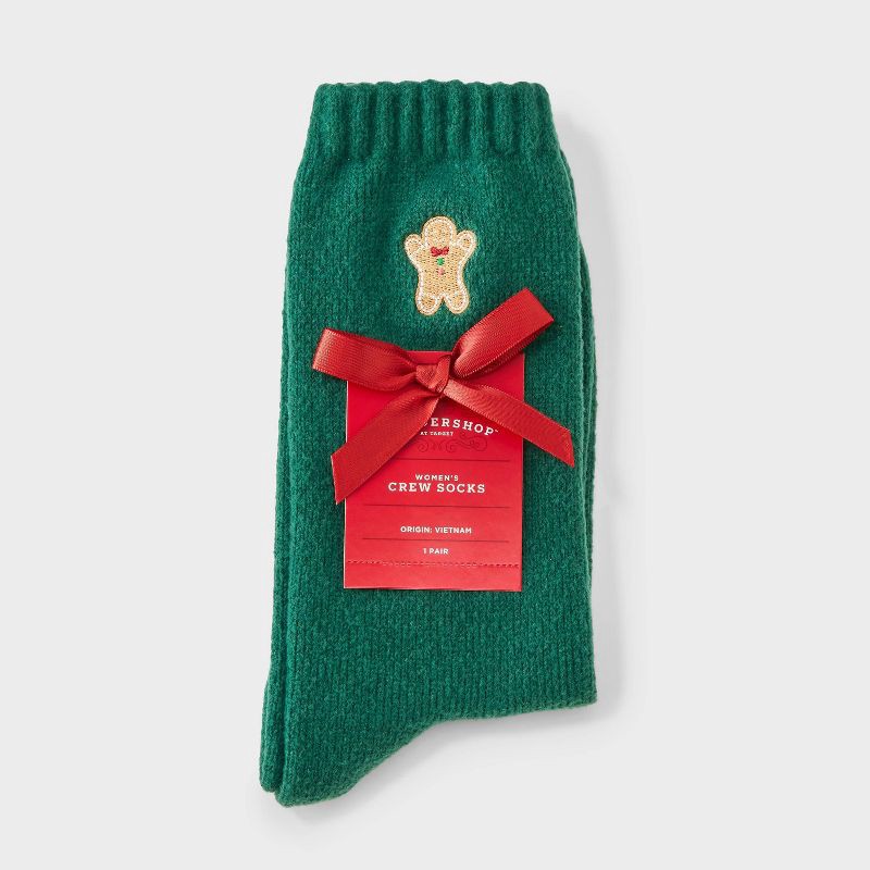 slide 2 of 3, Women's Embroidered Gingerbread Man Super Soft Crew Socks - Wondershop™ Green 4-10, 1 ct