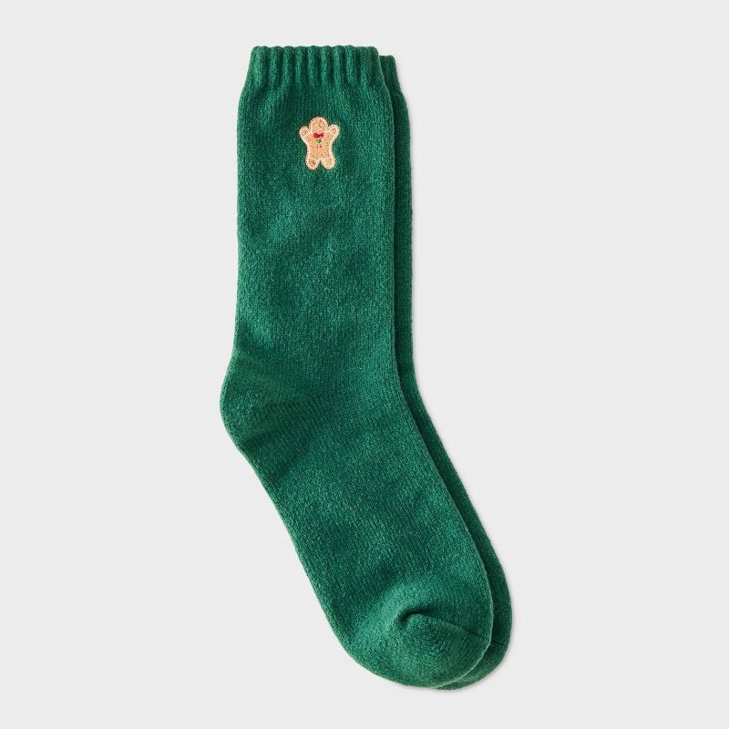 slide 1 of 3, Women's Embroidered Gingerbread Man Super Soft Crew Socks - Wondershop™ Green 4-10, 1 ct