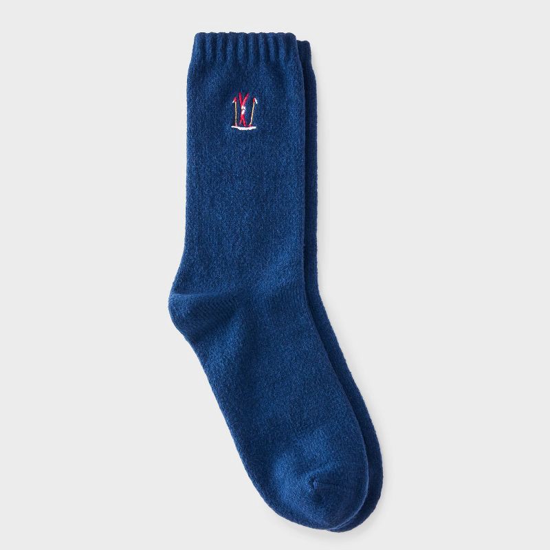 slide 1 of 3, Women's Embroidered Skis Super Soft Crew Socks - Wondershop™ Navy 4-10, 1 ct