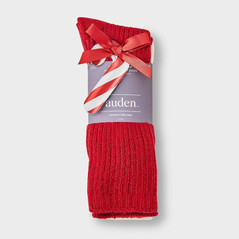 slide 2 of 3, Women's Luxury Collection Cashmere Blend Fine Rib Super Soft 2pk Crew Socks - Auden™ Red/Ivory 4-10, 2 ct