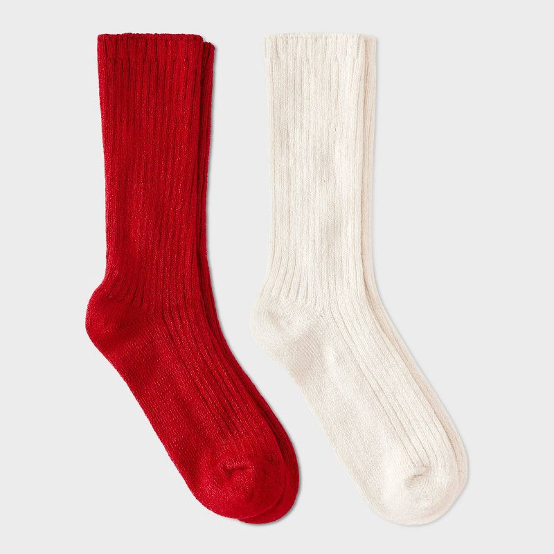 slide 1 of 3, Women's Luxury Collection Cashmere Blend Fine Rib Super Soft 2pk Crew Socks - Auden™ Red/Ivory 4-10, 2 ct