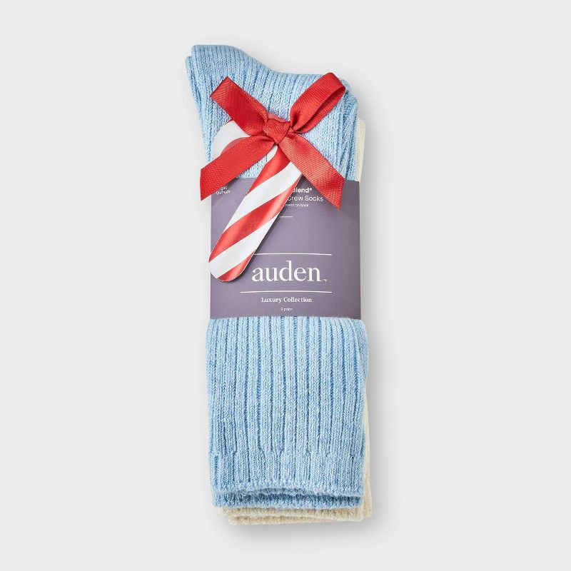 slide 2 of 3, Women's Luxury Collection Cashmere Blend Fine Rib Super Soft 2pk Crew Socks - Auden™ Light Blue/Cream 4-10, 2 ct