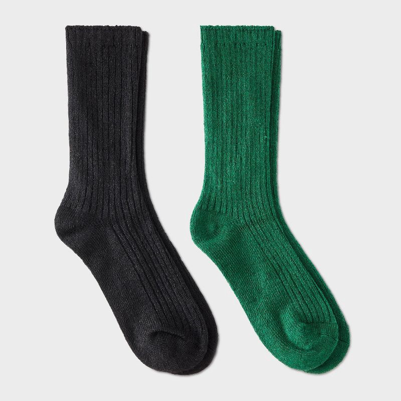 slide 1 of 3, Women's Luxury Collection Cashmere Blend Fine Rib Super Soft 2pk Crew Socks - Auden™ Green/Black 4-10, 2 ct
