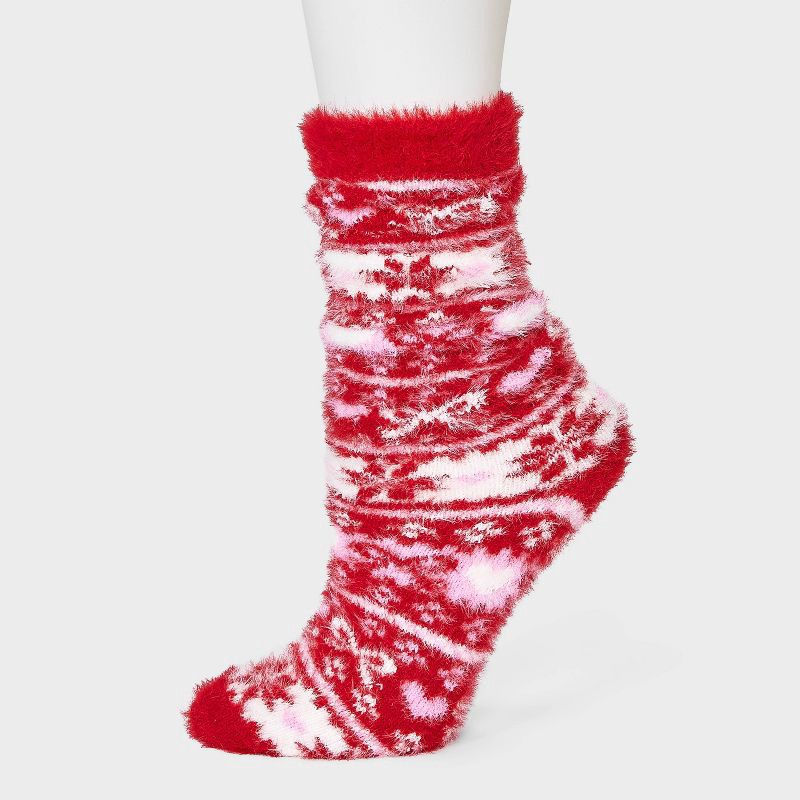 slide 4 of 4, Women's Bows & Hearts Fair Isle Fuzzy Eyelash Slouch Cozy Crew Socks - Wild Fable™ Red/Pink/Ivory 4-10, 1 ct