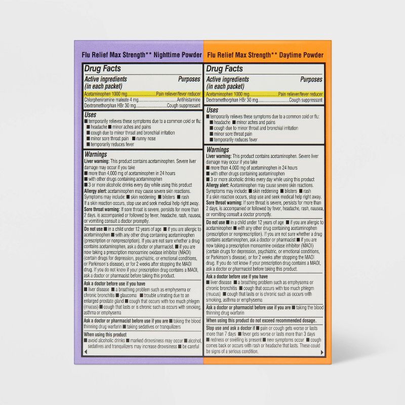 slide 3 of 5, Multi-Symptom Max Flu Relief Day and Night Combo Pack Powder - Acetaminophen - Honey Lemon - 12ct - up&up™, 12 ct