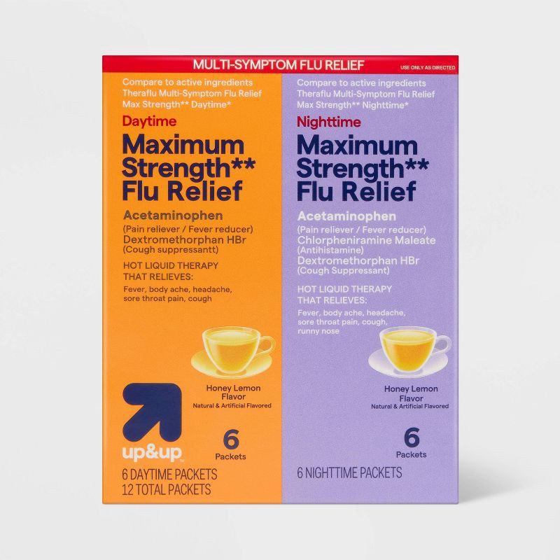 slide 1 of 5, Multi-Symptom Max Flu Relief Day and Night Combo Pack Powder - Acetaminophen - Honey Lemon - 12ct - up&up™, 12 ct