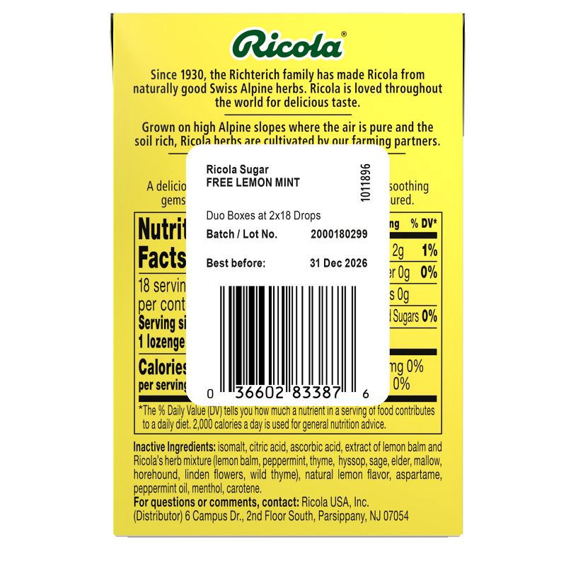 slide 2 of 8, Ricola Sugar Free Lemon Mint - On The Go Box - 18ct Box - 3.2oz/2pk, 18 ct, 3.2 oz, 2 ct