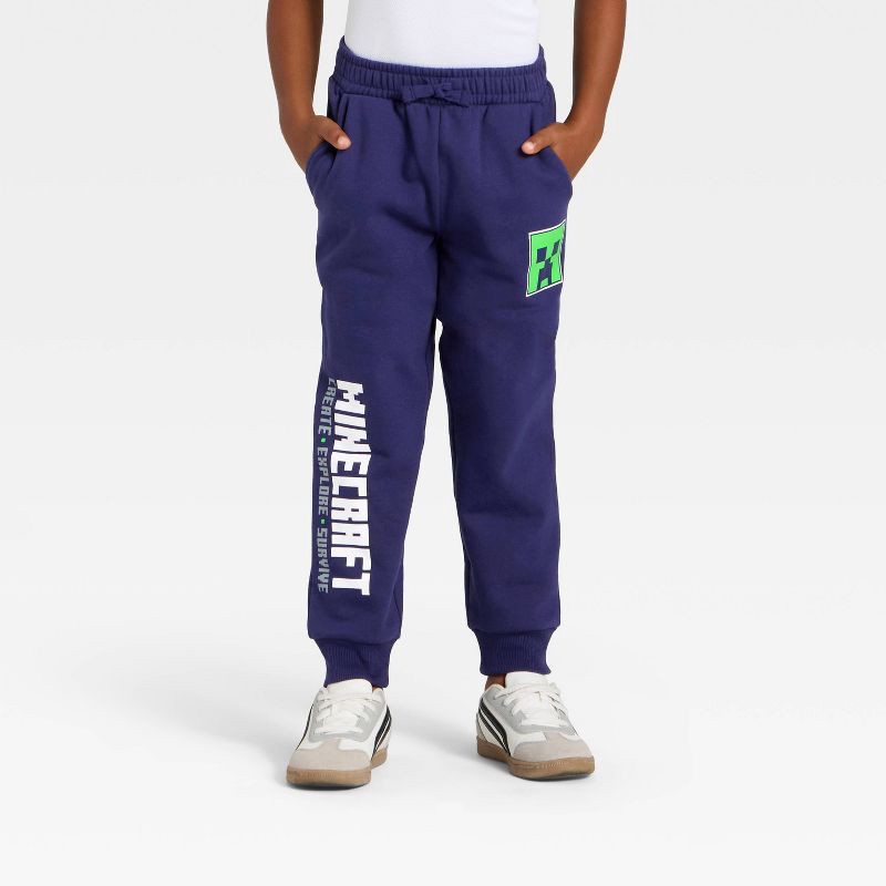 slide 1 of 4, Boys' Marvel Minecraft Creeper Fleece Sweatpants - Navy Blue M, 1 ct