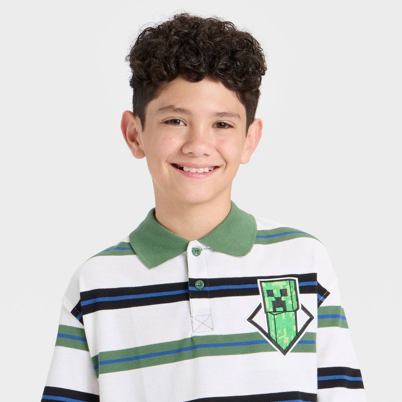slide 3 of 4, Boys' Minecraft Creeper Long Sleeve Striped Rugby Shirt - Green/White/Navy Blue XS, 1 ct