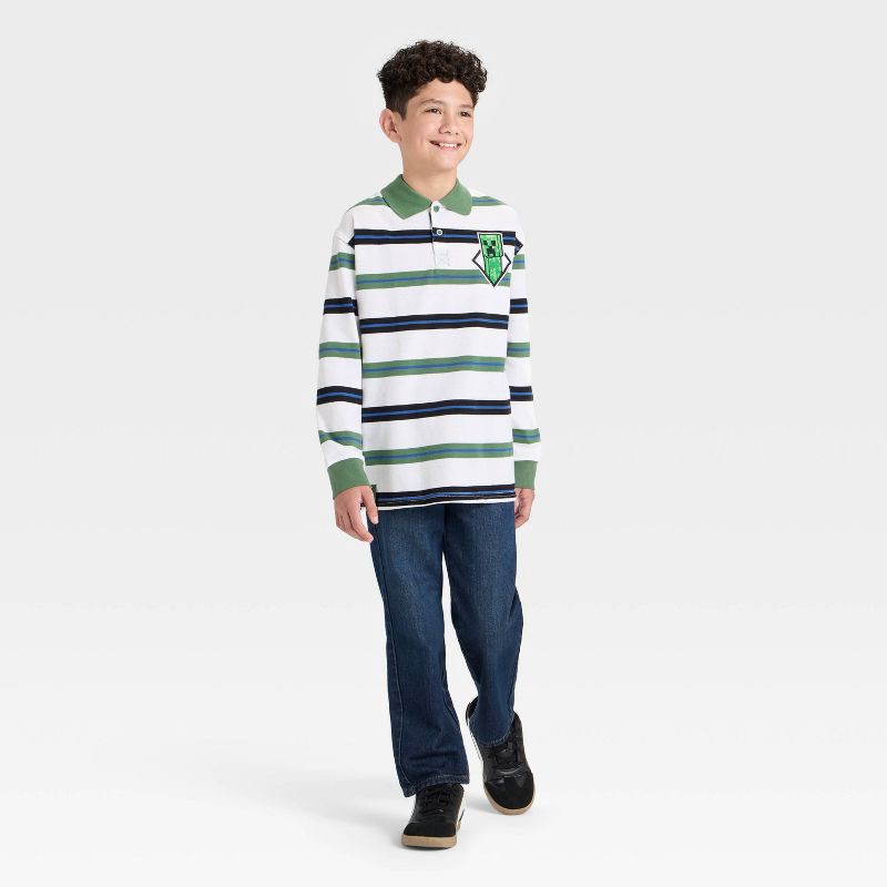 slide 4 of 4, Boys' Minecraft Creeper Long Sleeve Striped Rugby Shirt - Green/White/Navy Blue XS, 1 ct