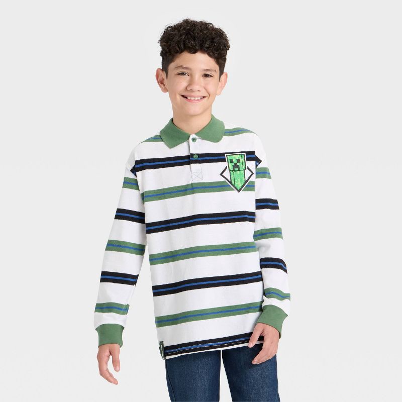 slide 1 of 4, Boys' Minecraft Creeper Long Sleeve Striped Rugby Shirt - Green/White/Navy Blue XS, 1 ct