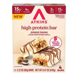 Atkins High Protein Bars, Cookie Fusion Flavor Low Sugar, Keto - 15g Protein - 4ct: 8.47oz, Chewy, Ready to Eat