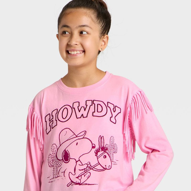 slide 2 of 4, Peanuts Girls' Howdy Snoopy Fleece Fringe Long Sleeve T-Shirt - Light Pink M, 1 ct
