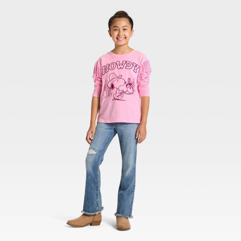 slide 4 of 4, Peanuts Girls' Howdy Snoopy Fleece Fringe Long Sleeve T-Shirt - Light Pink M, 1 ct