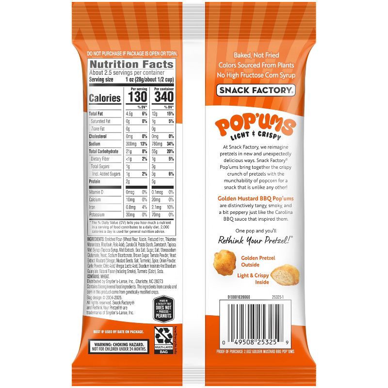 slide 2 of 3, Snack Factory Pop'Ums Golden Mustard BBQ Chips Grab Bag - 2.6oz, 2.6 oz